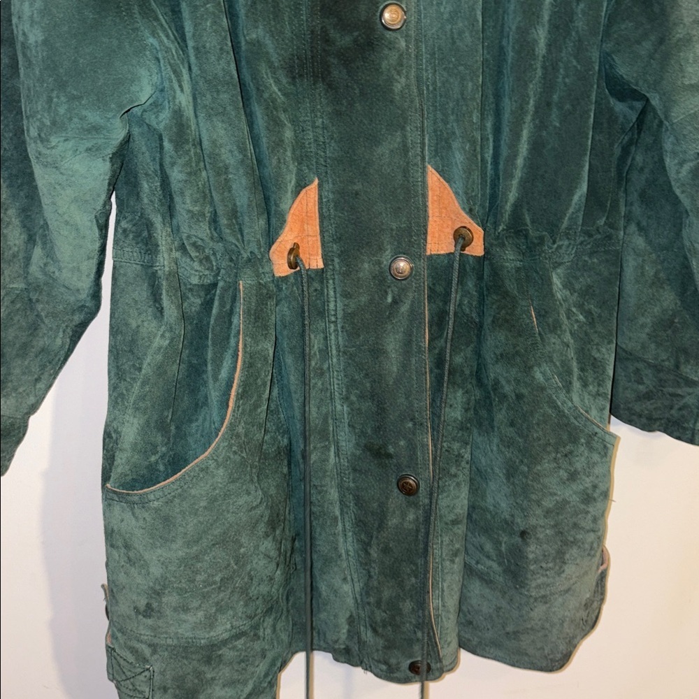 Vintage 1990s Dark Green Suede Jacket with Tan Accents Winter Fashion Coat 2X - Picture 7 of 17